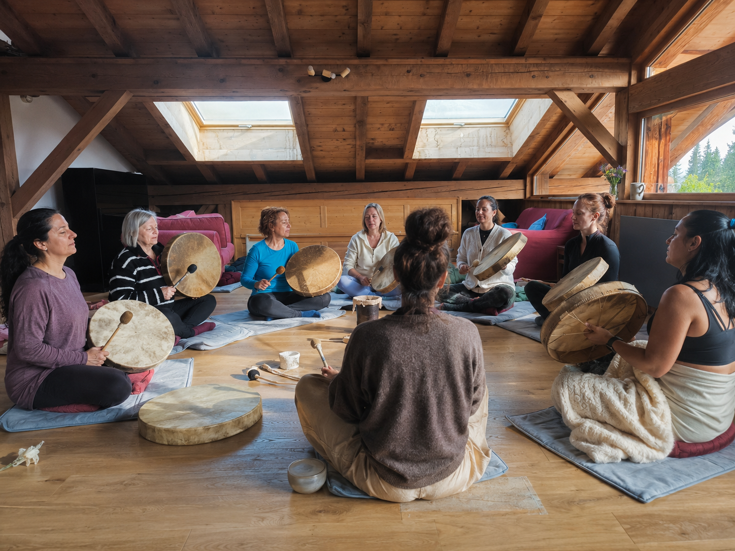 Women seated together with frame drums