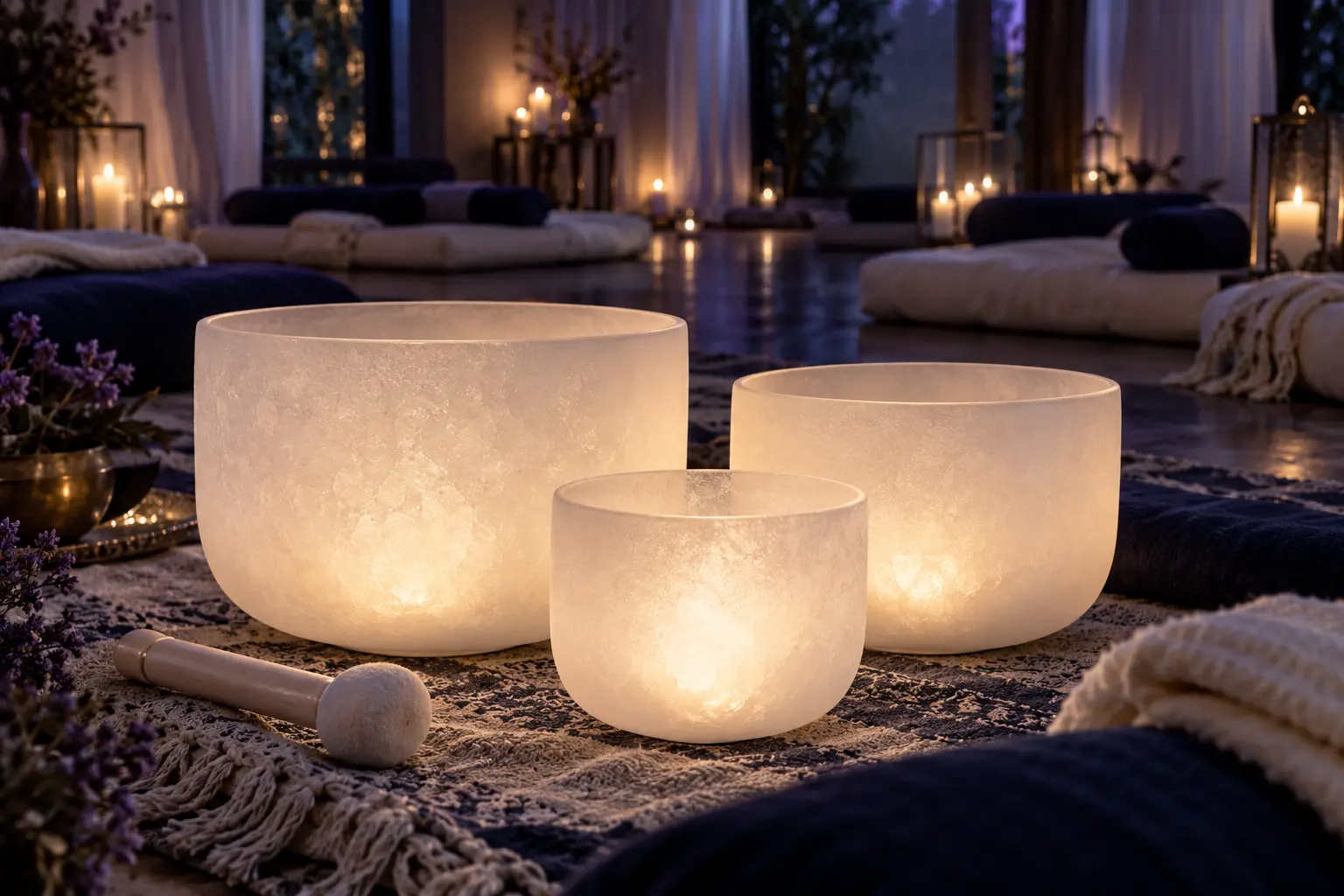 Illuminated crystal singing bowls in the retreat space