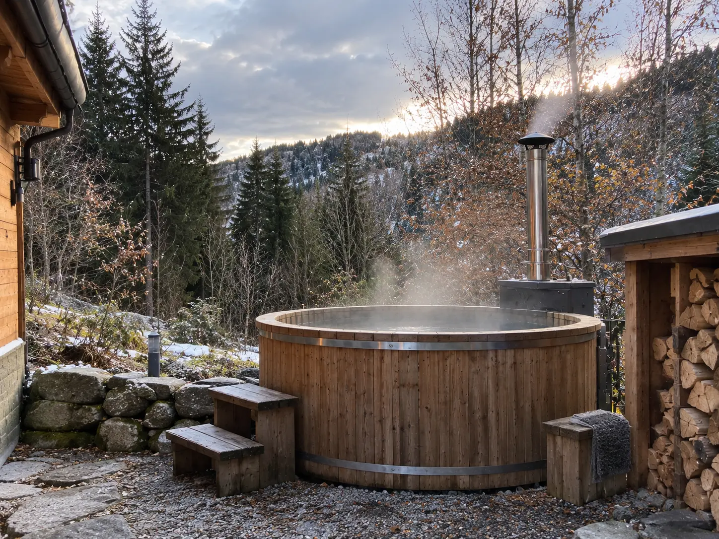 The outdoor hot tub surrounded by trees and mountains