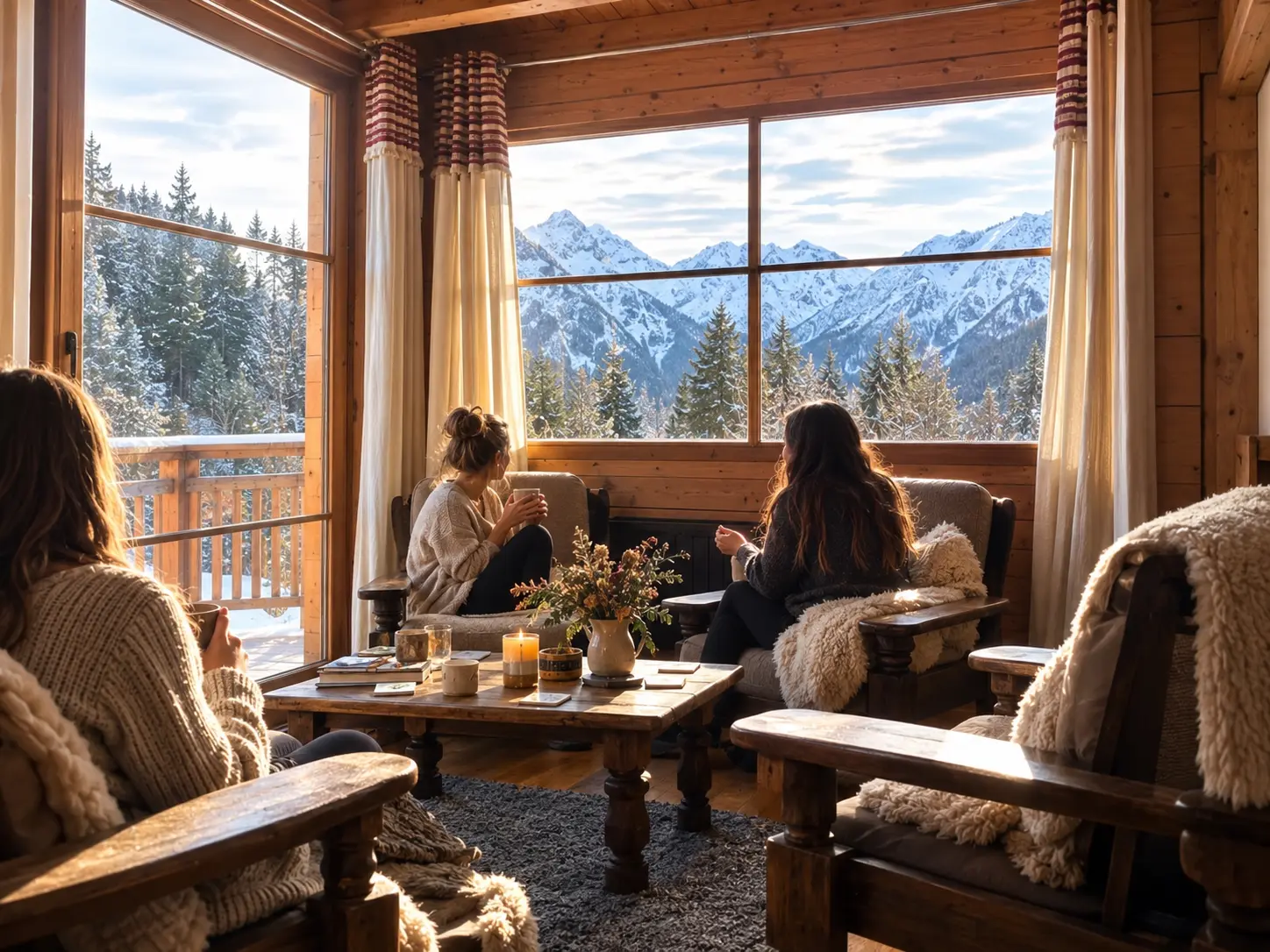 The chalet living room looking towards the mountains