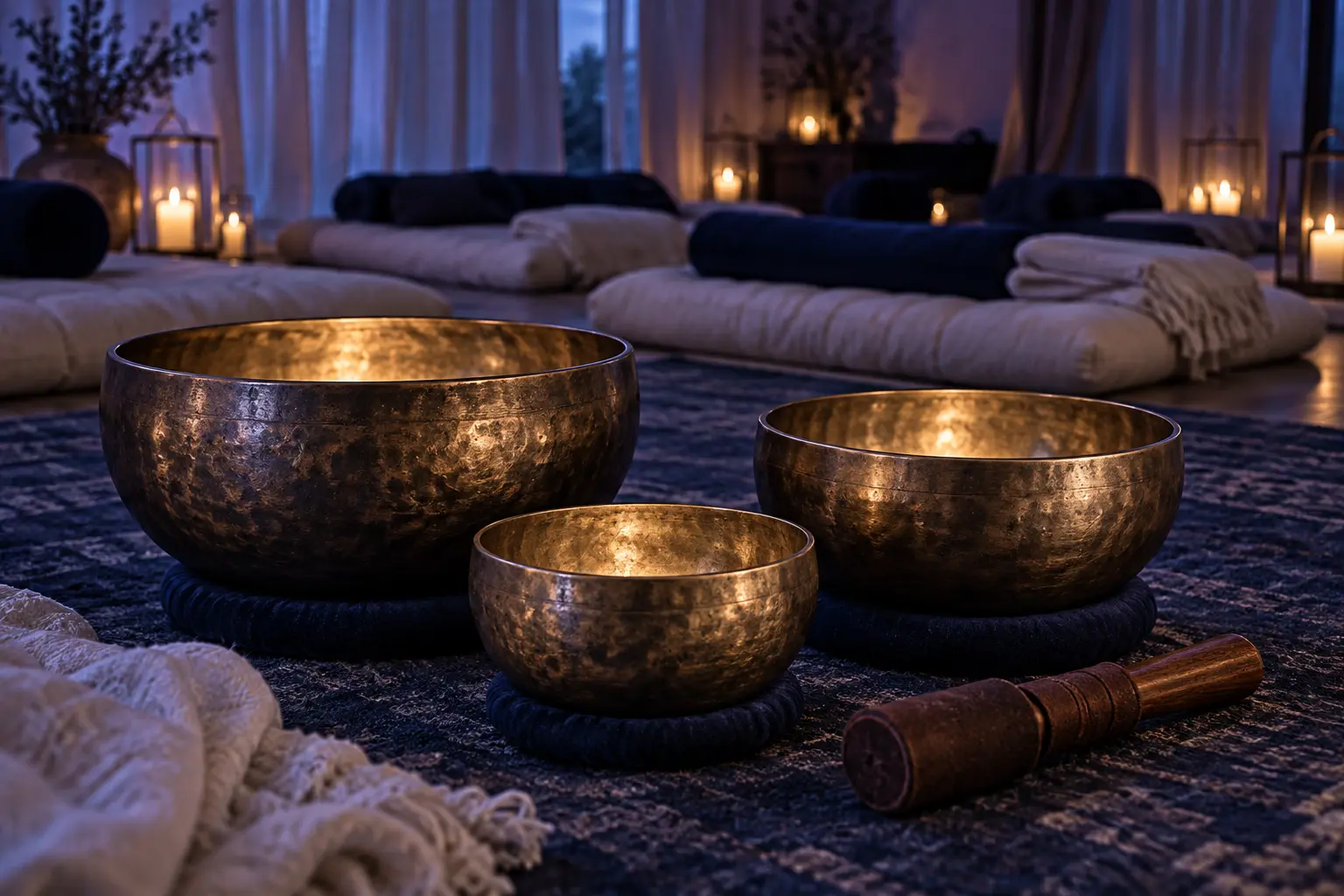Tibetan singing bowls beside blankets and floor mattresses