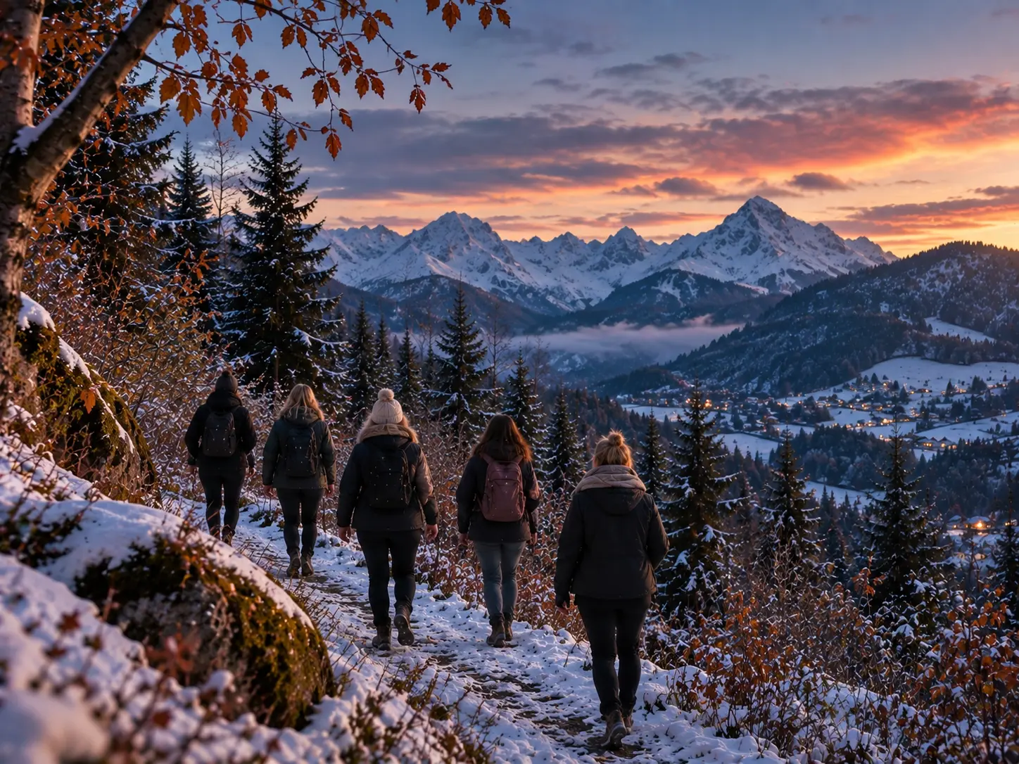 A small group walking through the winter Alpine landscape