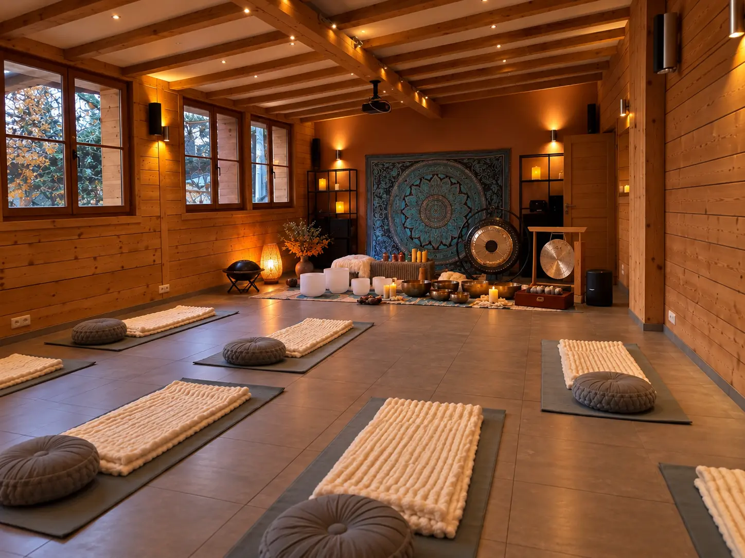 The dedicated breathwork and sound room prepared with mats, cushions, bowls and a gong